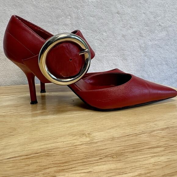 STEVE MADDEN VTG 90s Y2K Pointed-Toe Kitten-Heel Pump Buckle Strap Red Size 7 - Picture 1 of 15
